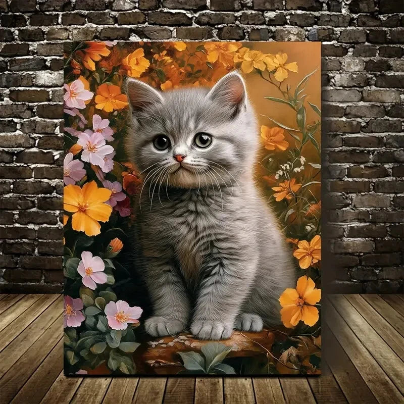 Adorable British Shorthair Kitten with Flowers & Plant 40x60cm Metal Print Ready to Hang - Bella Home Decor