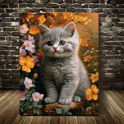 Adorable British Shorthair Kitten with Flowers & Plant 40x60cm Metal Print Ready to Hang - Bella Home Decor