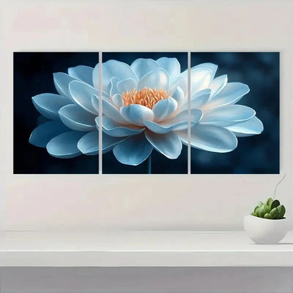 3pcs Elegant White Flower Blue & Golden Design Metal Print Ready to Hang Art - Bella Home Decor