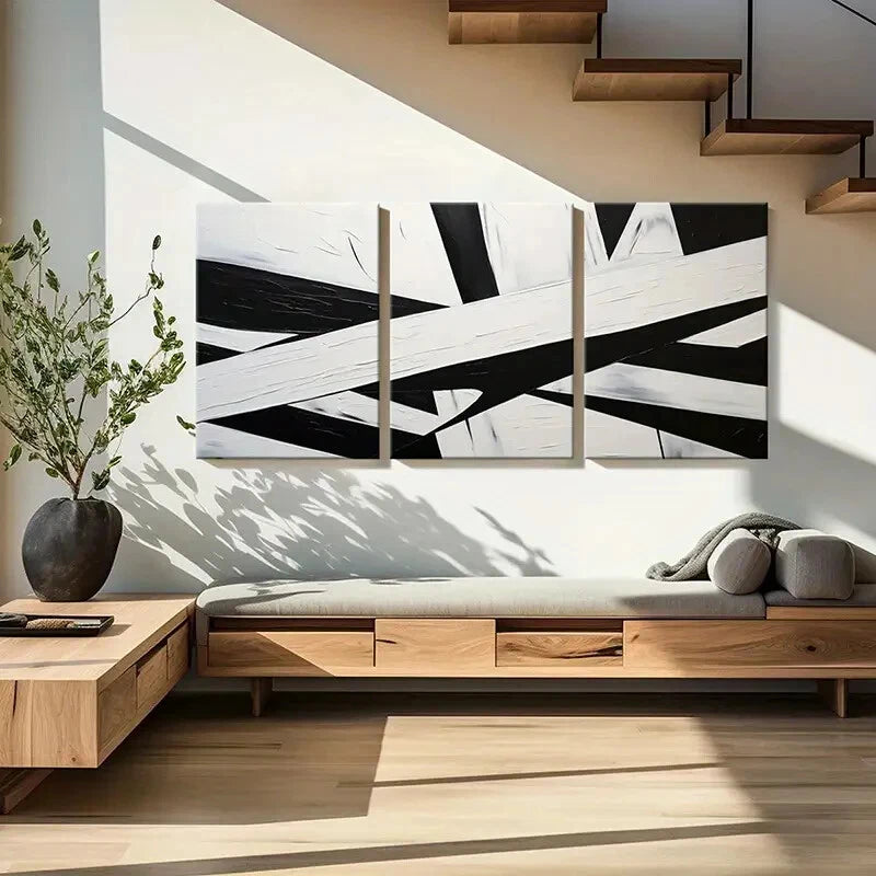 3pcs Abstract Geometric Art Black White Lines Metal Print Ready to Hang Art - Bella Home Decor