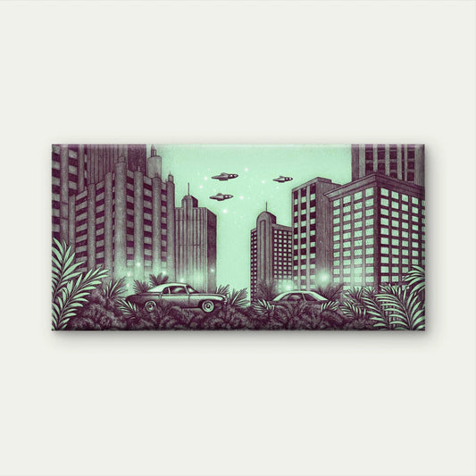 Alien Night City Wall Art Canvas Office Home Room Framed 120x60cm