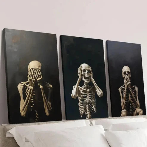 3pcs Golden-Hued Skeletons in Various Poses Wall Art Canvas Unframed - High Quality Print 100% Australian Made Wall Canvas - Bella Home Decor