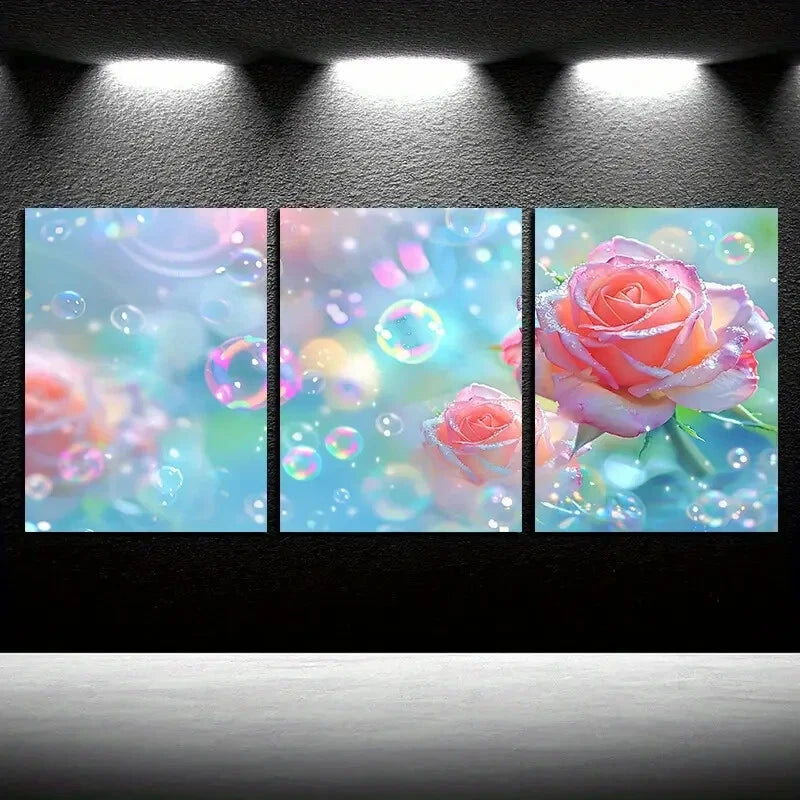 3pcs Vibrant Pink Rose with Bubbles Illustration Metal Print Ready to Hang Art - Bella Home Decor