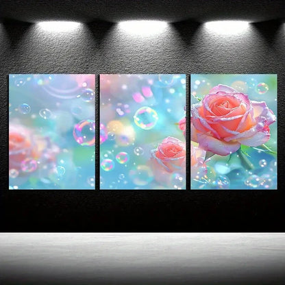3pcs Vibrant Pink Rose with Bubbles Illustration Metal Print Ready to Hang Art - Bella Home Decor