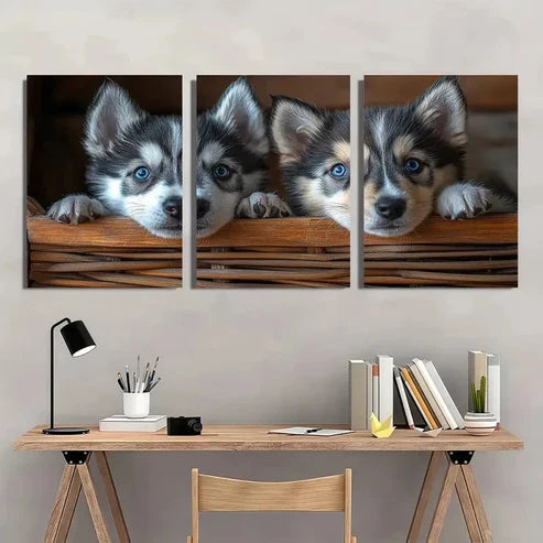 3pcs Adorable Husky Puppies Animal Themed Wall Art Set Canvas Unframed - High Quality Print 100% Australian Made Wall Canvas - Bella Home Decor