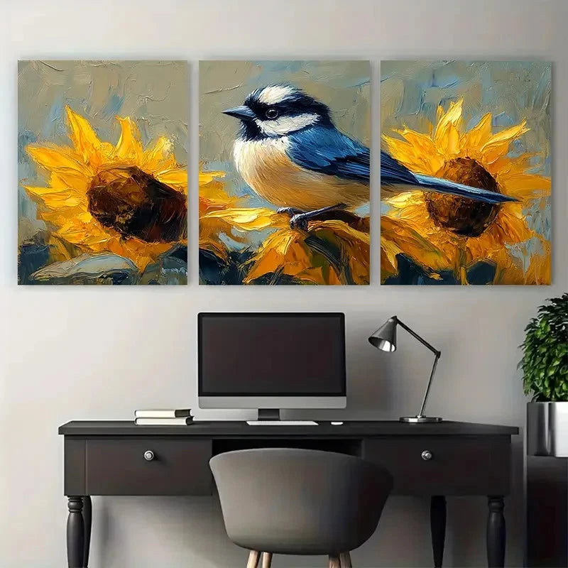 3pcs Vibrant Chickadee Sunflowers Floral Metal Print Ready to Hang Art - Bella Home Decor