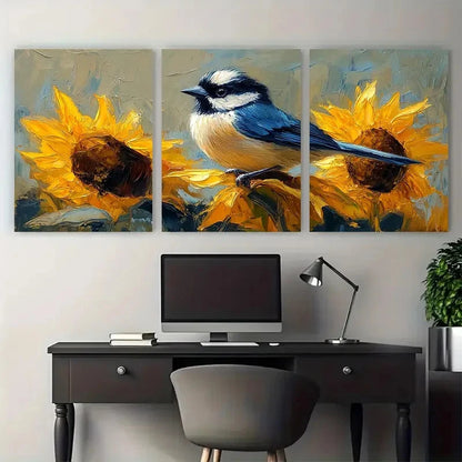 3pcs Vibrant Chickadee Sunflowers Floral Metal Print Ready to Hang Art - Bella Home Decor
