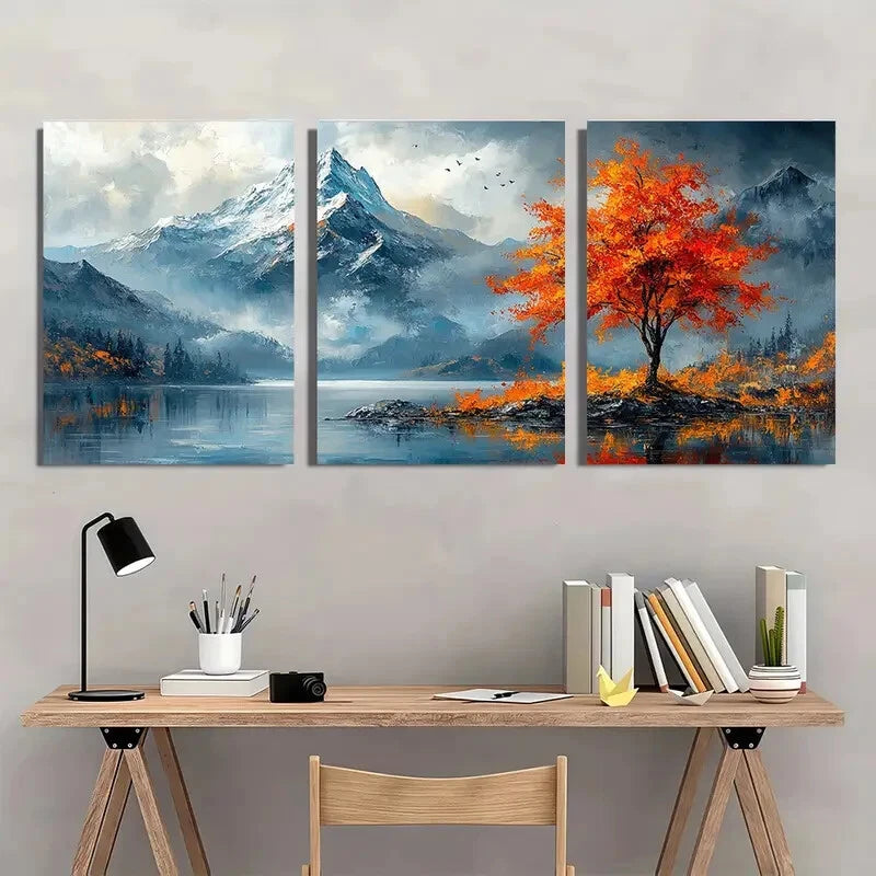 3pcs Mountain Landscape Textured Oil Painting Metal Print Ready to Hang Art - Bella Home Decor