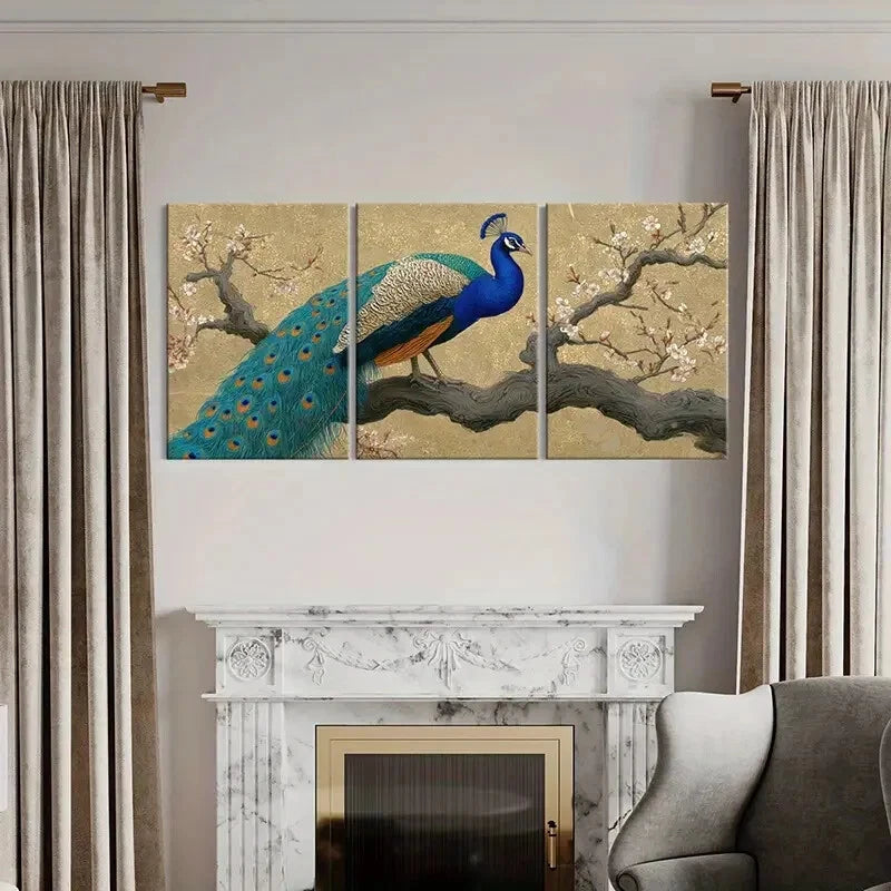 3pcs Peacock Art Blossom Branches Elegant Design Metal Print Ready to Hang Art - Bella Home Decor
