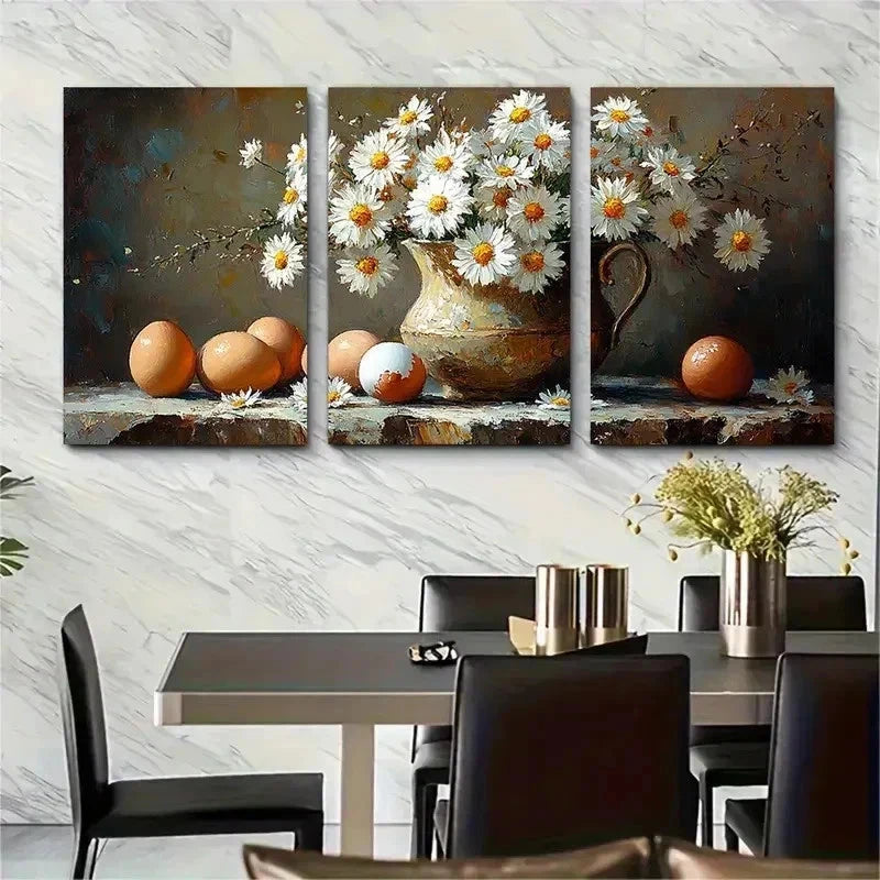 3pcs Impasto Still Life White Daisy Flo Perfect Wall Art Set Canvas Framed 50x70cm - High Quality Print 100% Australian Made Wall Canvas Ready to Hang