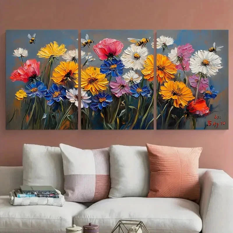 3pcs Dandelion Poppy Flowers Cornflowers Honeybee Metal Print Ready to Hang Art - Bella Home Decor