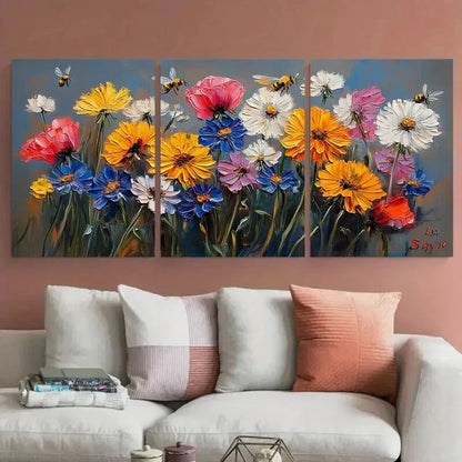3pcs Dandelion Poppy Flowers Cornflowers Honeybee Metal Print Ready to Hang Art - Bella Home Decor