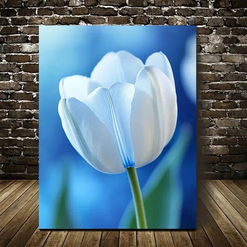 Vibrant White Tulip Painting on Blue Painting 40x60cm Metal Print Ready to Hang - Bella Home Decor