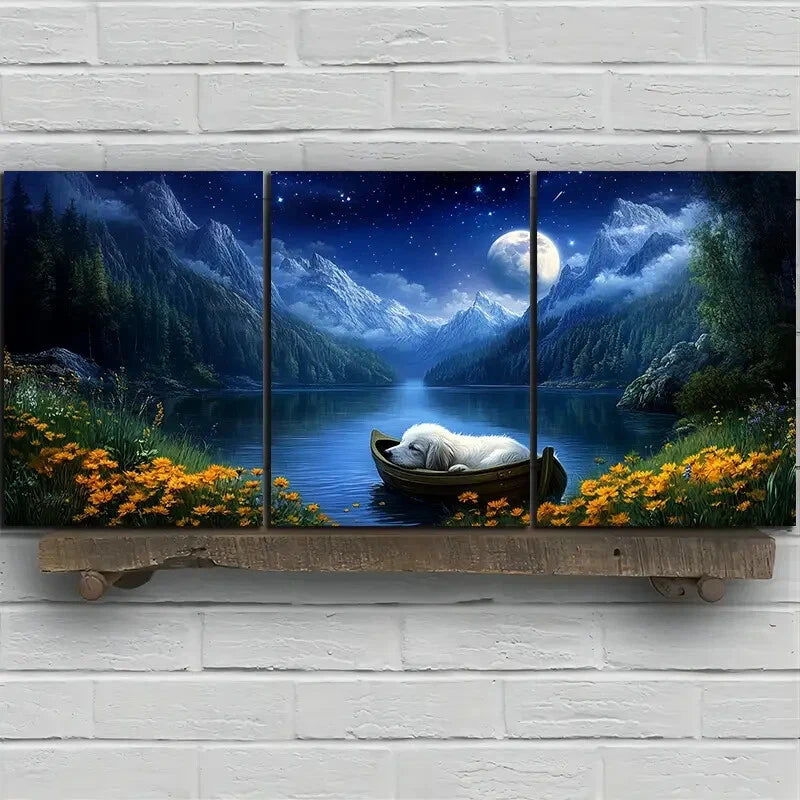 3pcs Dog Sleeping on Small Boat Metal Print Ready to Hang Art - Bella Home Decor