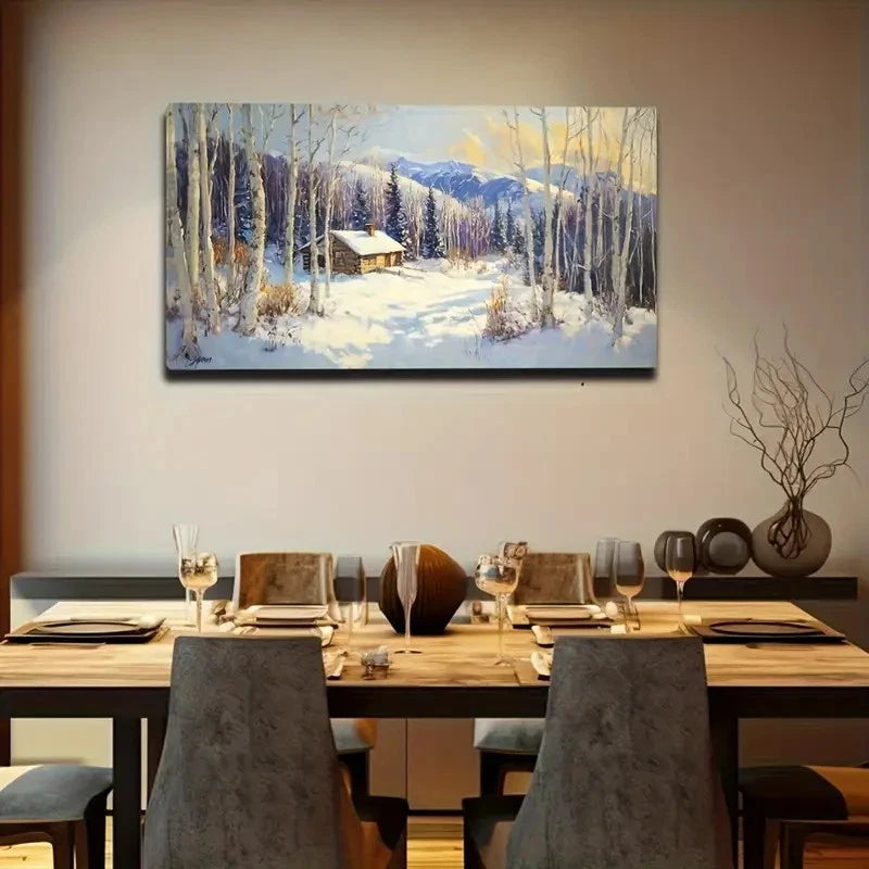 Winter Cabin Snow Scene Décor Wall Art Canvas Office Home Room Framed 120x60cm