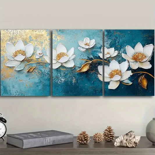 3pcs White Flowers on Blue Background Metal Print Ready to Hang Art