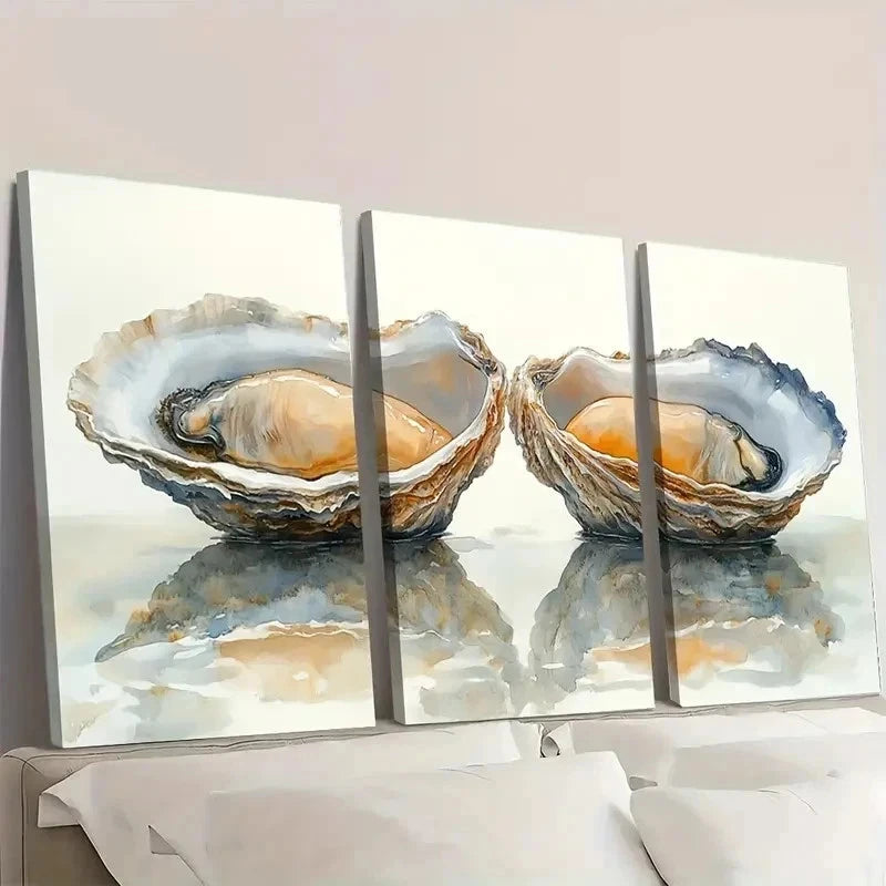 3pcs Oyster Painting Two Oysters EI  Wall Art Set Canvas Framed 40x60cm - High Quality Print 100% Australian Made Wall Canvas Ready to Hang