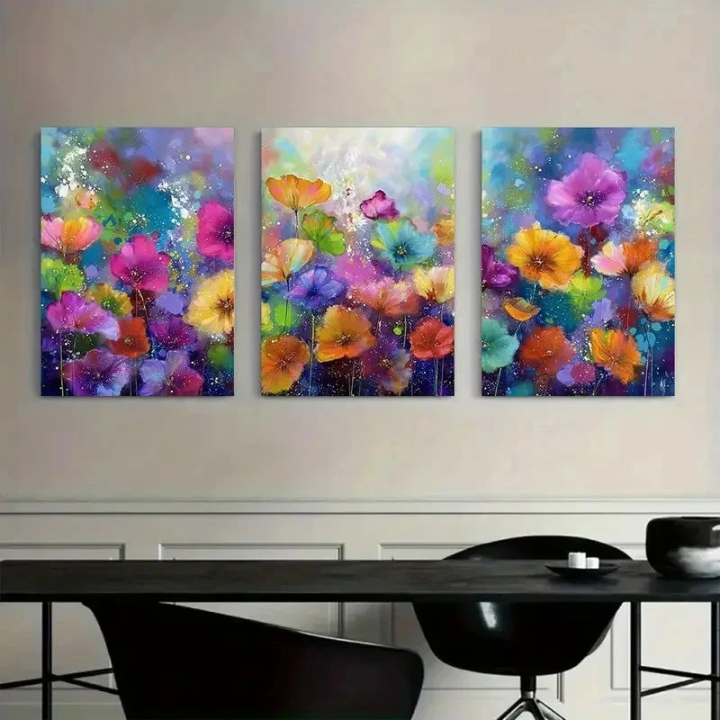 3pcs Colorful Floral Garden with Bokeh Effects Metal Print Ready to Hang Art - Bella Home Decor