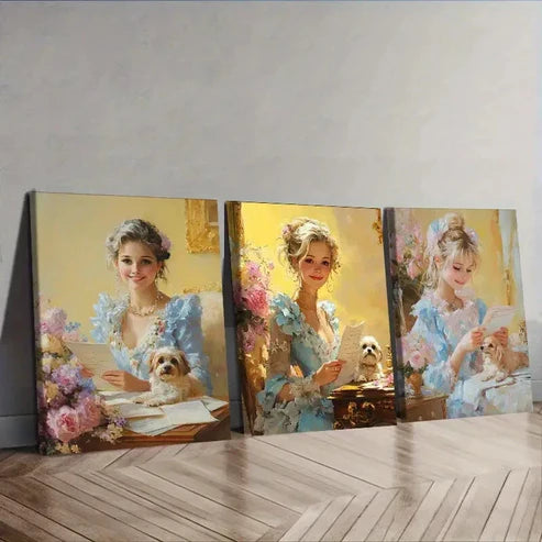 3pcs Afternoon Time Girl with Dog Wall Art Set Canvas Unframed - High Quality Print 100% Australian Made Wall Canvas - Bella Home Decor