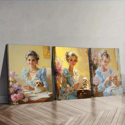 3pcs Afternoon Time Girl with Dog Wall Art Set Canvas Unframed - High Quality Print 100% Australian Made Wall Canvas - Bella Home Decor