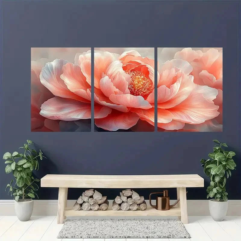 3pcs Peach colored Peony Abstract Canvas Framed 50x70cm - High Quality Print 100% Australian Made Wall Canvas Ready to Hang