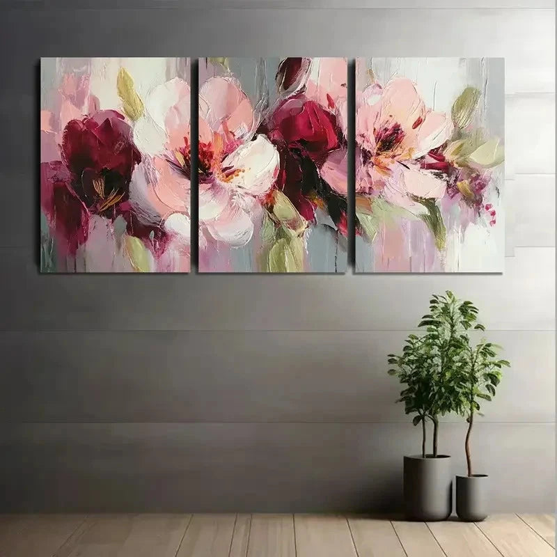 3pcs Abstract Floral Painting in Pink-Burgundy Metal Print Ready to Hang Art - Bella Home Decor