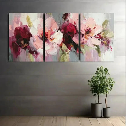 3pcs Abstract Floral Painting in Pink-Burgundy Metal Print Ready to Hang Art - Bella Home Decor
