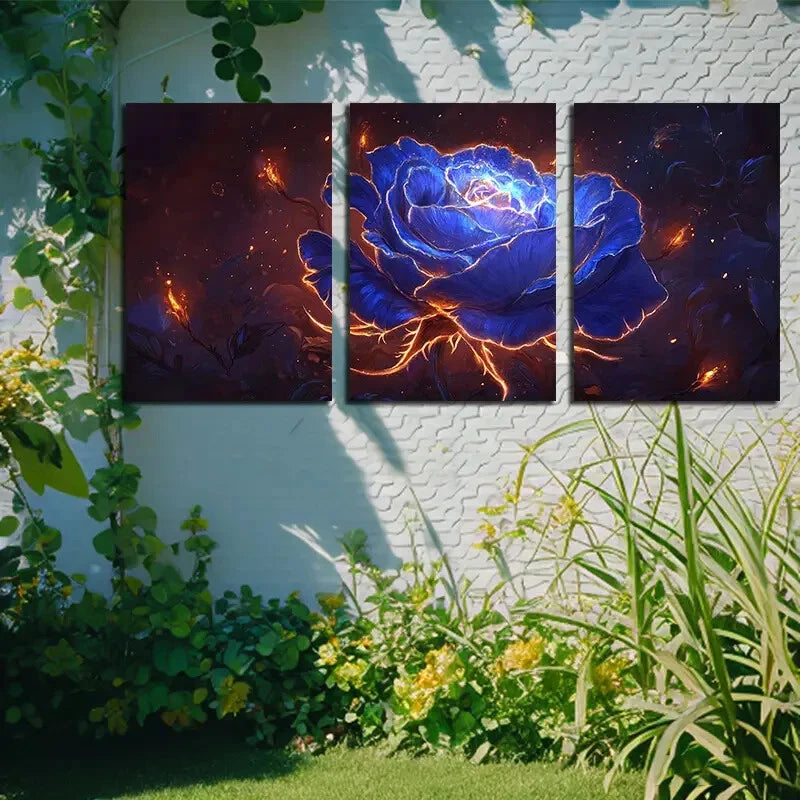 3pcs Vibrant Mystical Blue Rose Illustration Metal Print Ready to Hang Art - Bella Home Decor