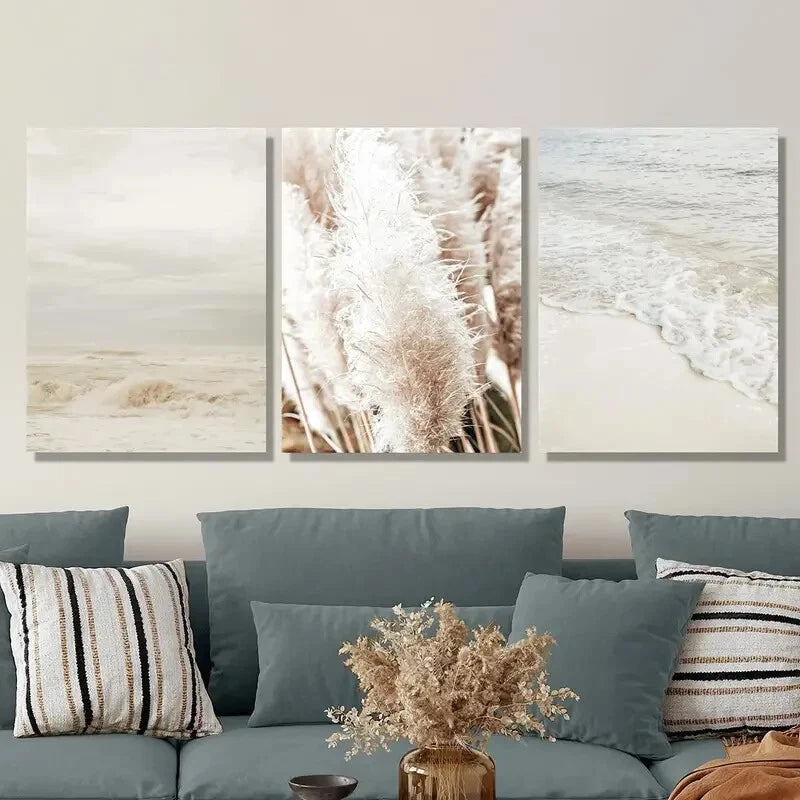 3pcs Coastal Reed Botanical Metal Print Ready to Hang Art