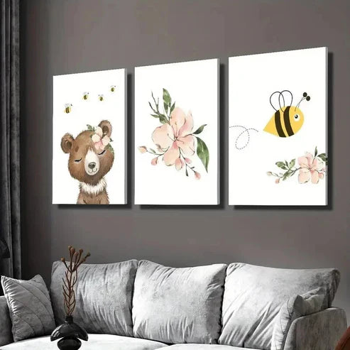 3pcs Cartoon Bee Flower And Bear Decoration  Wall Art Set Canvas Unframed - High Quality Print 100% Australian Made Wall Canvas - Bella Home Decor