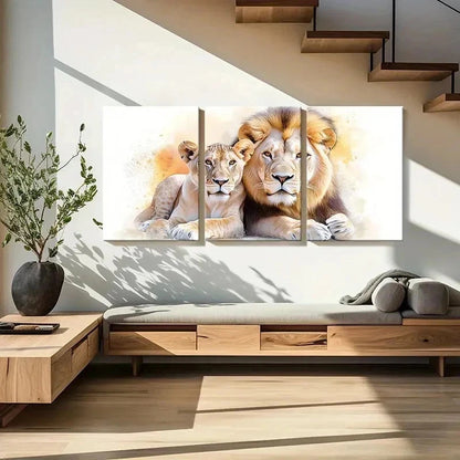 3pcs Retro Animal Art Lion Couple Wall Art Set Canvas Framed 50x70cm - High Quality Print 100% Australian Made Wall Canvas Ready to Hang