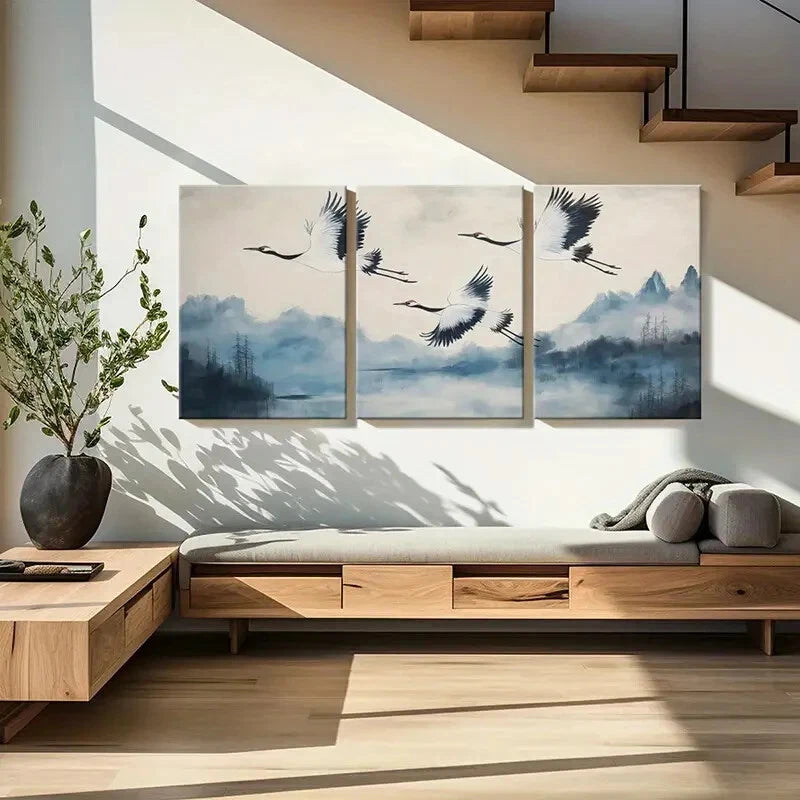 3pcs Elegant Crane Flight Traditional Asian Art Metal Print Ready to Hang Art - Bella Home Decor
