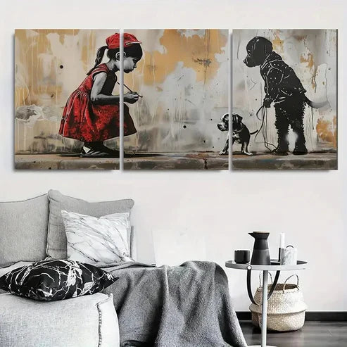 3pcs Street Art Girl with Dog Wall Art Canvas Unframed - High Quality Print 100% Australian Made Wall Canvas