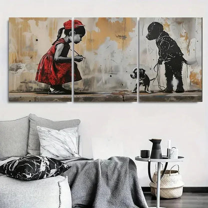 3pcs Street Art Girl with Dog Wall Art Canvas Unframed - High Quality Print 100% Australian Made Wall Canvas