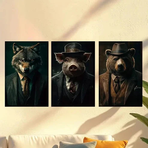 3pcs Business Suit Gentleman Animal Wall Art Canvas Unframed - High Quality Print 100% Australian Made Wall Canvas