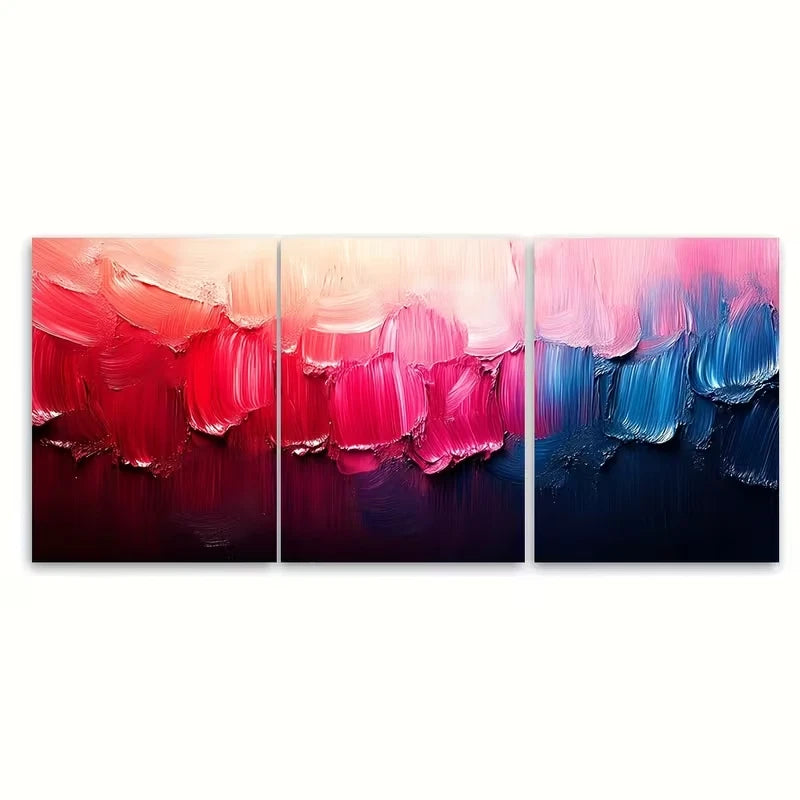 3pcs Magenta and Blue Vibrant Abstract Brushstroke Metal Print Ready to Hang Art
