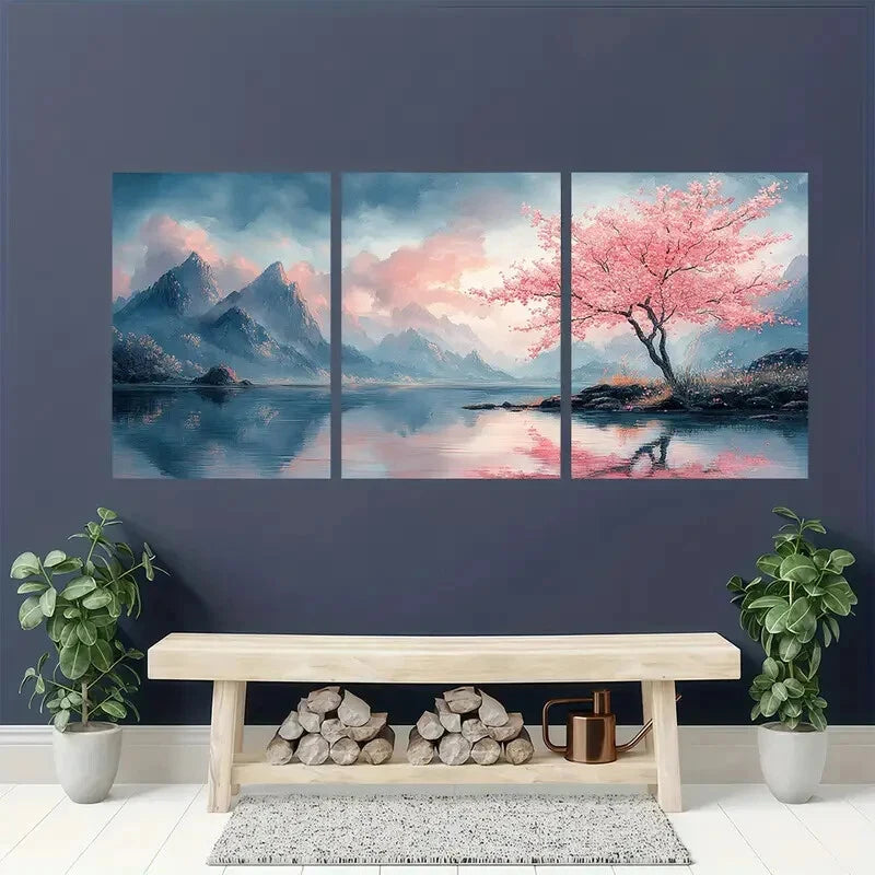 3pcs Tranquil Blossoming Cherry Tree Landscape Metal Print Ready to Hang Art - Bella Home Decor