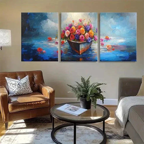 3pcs Colorful Flower Vibrant Floral Boat Perfect Wall Art Set Canvas Unframed - High Quality Print 100% Australian Made Wall Canvas