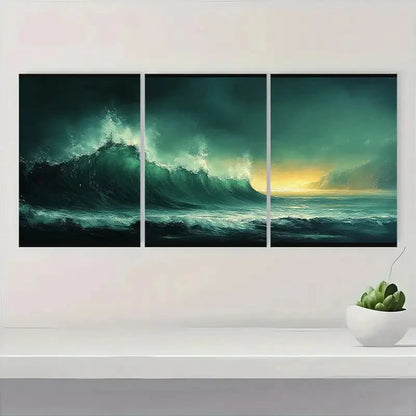 3pcs Green Abstract Landscape Sunset Reflections Metal Print Ready to Hang Art - Bella Home Decor