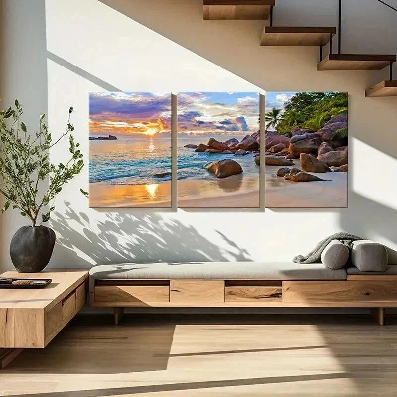 3pcs Beach Landscape with Palm Trees & Rocks Wall Art Set Canvas Framed 60x90cm - High Quality Print 100% Australian Made Wall Canvas Ready to Hang - Bella Home Decor