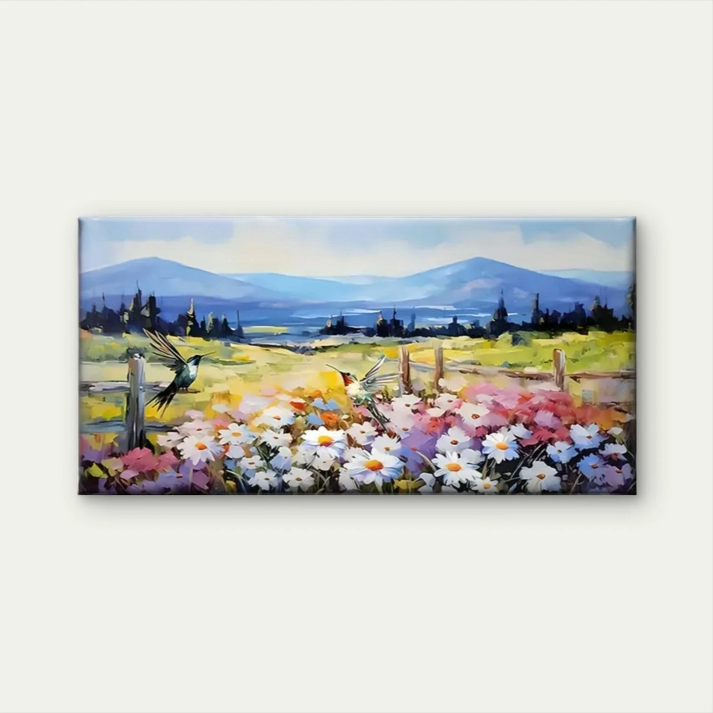 Field Flower Watercolour Sky Wall Art Canvas Office Home Room Framed 120x60cm