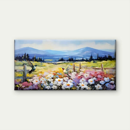 Field Flower Watercolour Sky Wall Art Canvas Office Home Room Framed 120x60cm