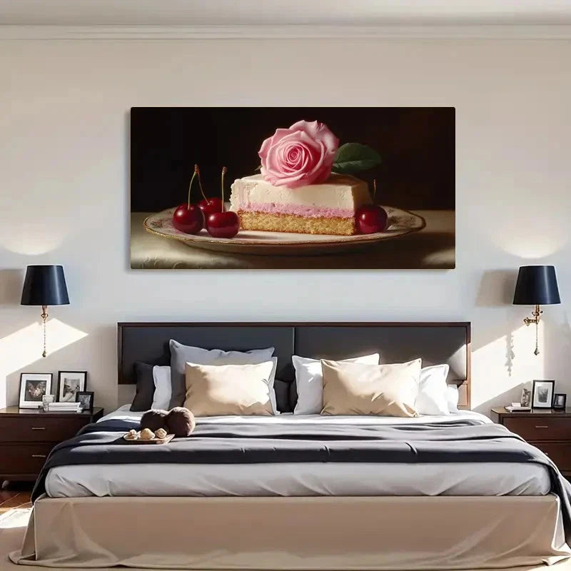 Rose & Cake Cherries Vintage Wall Art Canvas Office Home Room Framed 120x60cm - Bella Home Decor