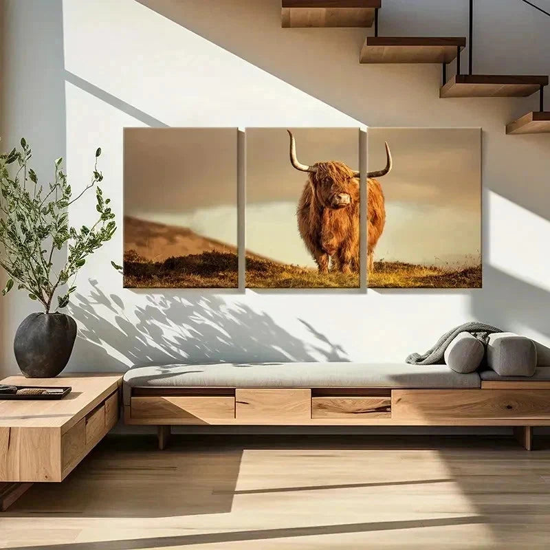 3pcs Plateau Highland Cattle Modern Wall Art Set Canvas Framed 60x90cm - High Quality Print 100% Australian Made Wall Canvas Ready to Hang
