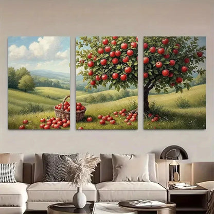3pcs Vibrant Red Apples Basket & Tree Landscape Metal Print Ready to Hang Art