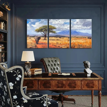 3pcs African Landscape Elephant Acacia Tree Metal Print Ready to Hang Art - Bella Home Decor