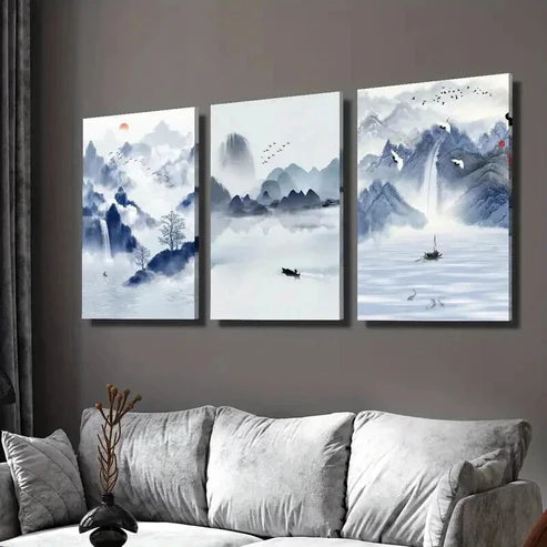 3pcs Sky Blue Boat Water & Mountain Landscape Wall Art Canvas Unframed - High Quality Print 100% Australian Made Wall Canvas
