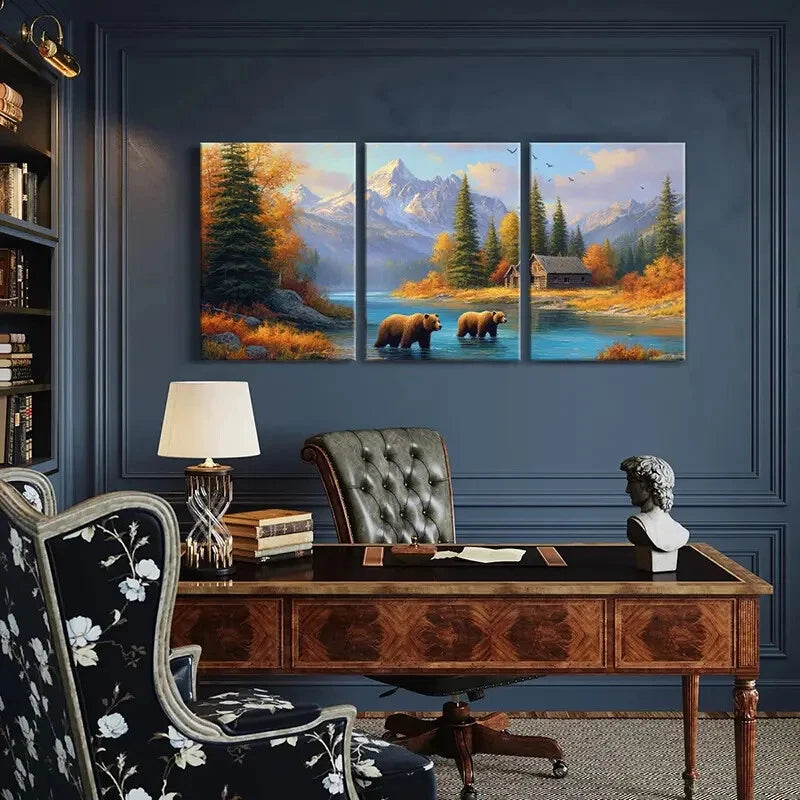 3pcs Autumn Mountain Landscape Rustic Cabin Metal Print Ready to Hang Art - Bella Home Decor