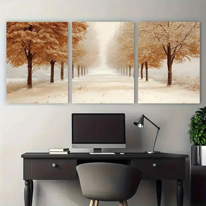 3pcs Sepia Toned Autumn Winter Trees Lining A Path Metal Print Ready to Hang Art
