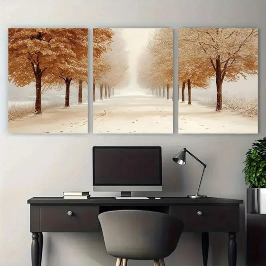 3pcs Sepia Toned Autumn Winter Trees Lining A Path Metal Print Ready to Hang Art